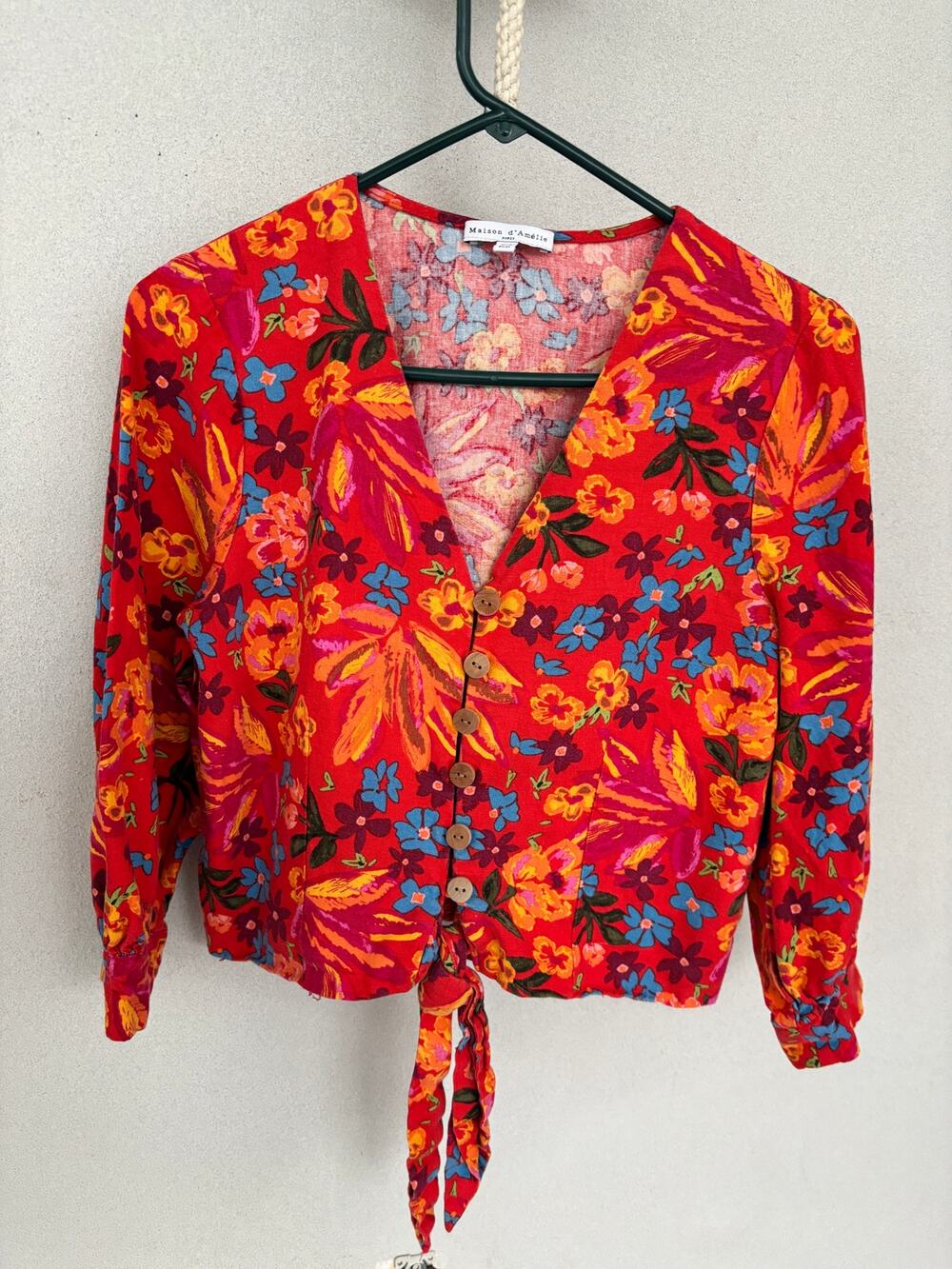 Red Tropical Floral Print Button-Front Top with Tie Waist Vaycay core Boho Chic